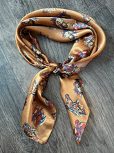 Load image into Gallery viewer, 100% Silk Wild Rag “cow ponies” horse head pattern by Double B Wild Rags dark gold, rust, ivory, black