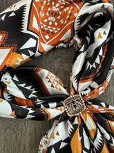 Load image into Gallery viewer, 100% Silk Wild Rag Aztec Native tribal inspired pattern of brown, black, and white by Double B Wild Rags