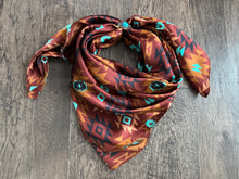 Load image into Gallery viewer, 100% Silk Wild Rag Chestnut and Turquoise Aztec Native tribal inspired neck scarf by Double B Wild Rags