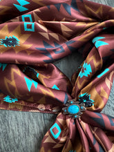 Load image into Gallery viewer, 100% Silk Wild Rag Chestnut and Turquoise Aztec Native tribal inspired neck scarf by Double B Wild Rags