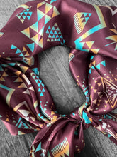Load image into Gallery viewer, 100% Silk Wild Rag Plum and Turquoise Native Tribal Print by Double B Wild Rags