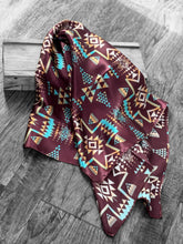 Load image into Gallery viewer, 100% Silk Wild Rag Plum and Turquoise Native Tribal Print by Double B Wild Rags