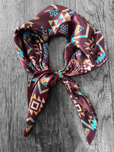 Load image into Gallery viewer, 100% Silk Wild Rag Plum and Turquoise Native Tribal Print by Double B Wild Rags