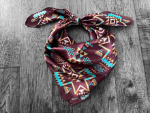 Load image into Gallery viewer, 100% Silk Wild Rag Plum and Turquoise Native Tribal Print by Double B Wild Rags