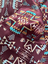Load image into Gallery viewer, 100% Silk Wild Rag Plum and Turquoise Native Tribal Print by Double B Wild Rags