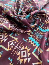 Load image into Gallery viewer, 100% Silk Wild Rag Plum and Turquoise Native Tribal Print by Double B Wild Rags