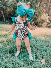 Load image into Gallery viewer, Cowhide and turquoise ruffle romper