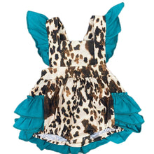 Load image into Gallery viewer, Cowhide and turquoise ruffle romper