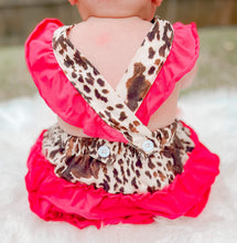 Load image into Gallery viewer, Brown cow &amp; pink ruffle Romper