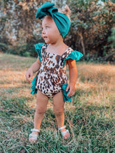 Load image into Gallery viewer, Cowhide and turquoise ruffle romper
