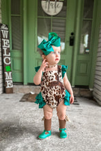 Load image into Gallery viewer, Cowhide and turquoise ruffle romper