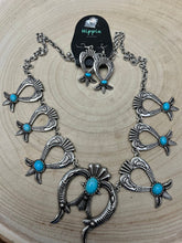 Load image into Gallery viewer, Squash Blossom and Faux Turquoise &amp; Earring Set - 24 inch necklace