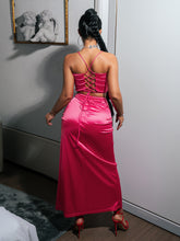 Load image into Gallery viewer, Lace-Up Satin Cropped Cami and Ruched Slit Skirt Set