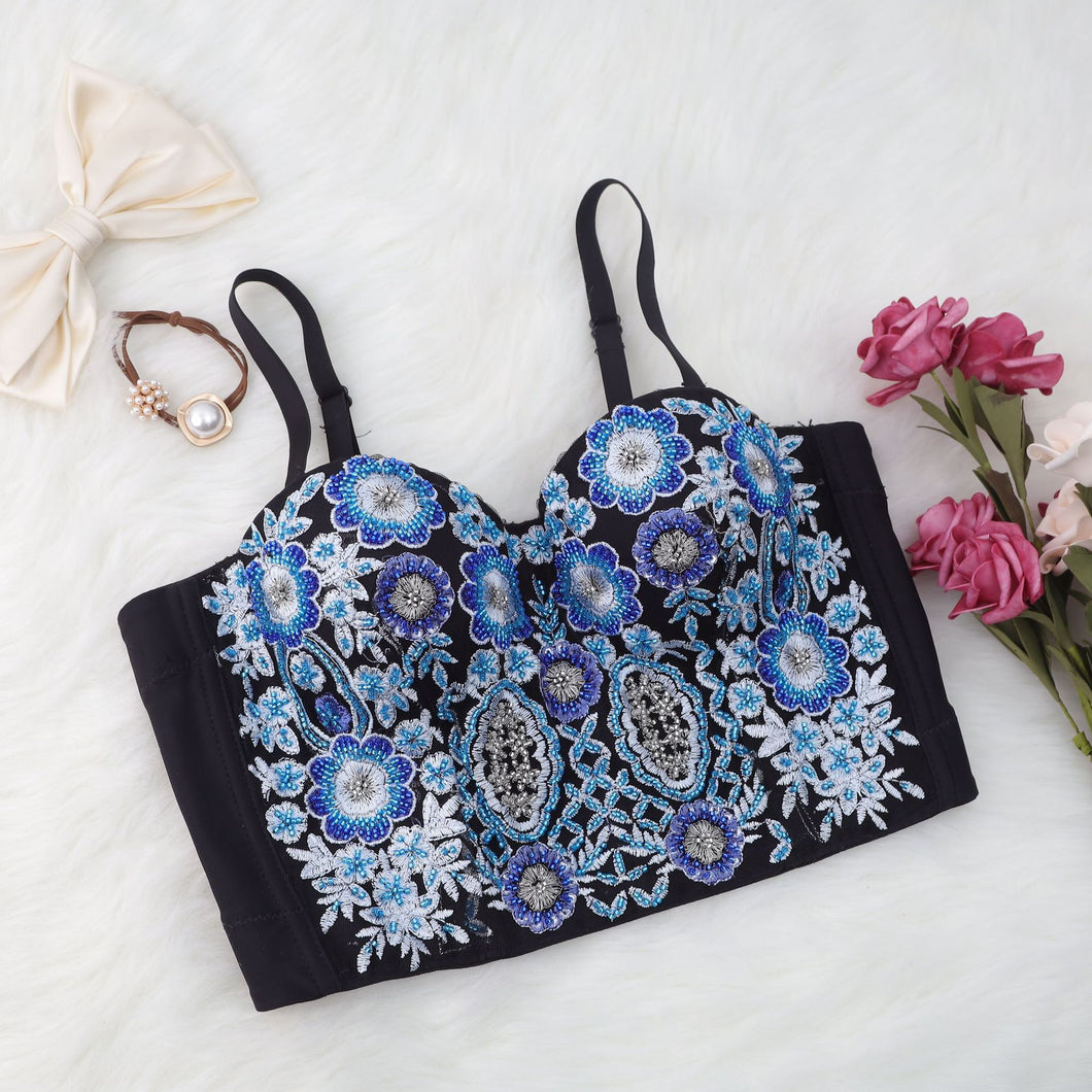 Beaded Floral Spaghetti Strap Bustier
