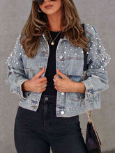 Load image into Gallery viewer, Pearl Trim Button Up Denim Jacket with Pockets