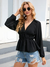 Load image into Gallery viewer, Balloon Sleeve Plunge Peplum Blouse