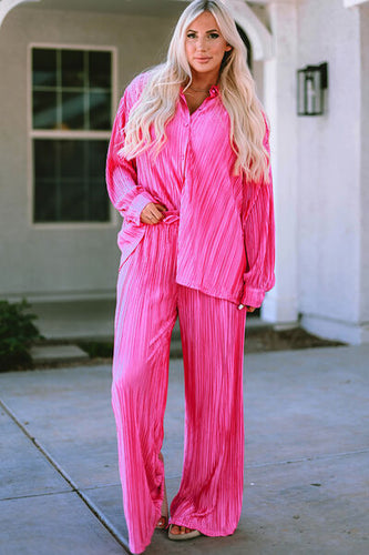 Pleated Button Up Shirt and Wide-Leg Pants Set