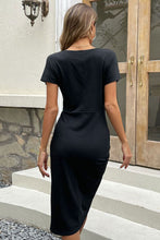 Load image into Gallery viewer, Ruched Round Neck Asymmetric Hem Dress