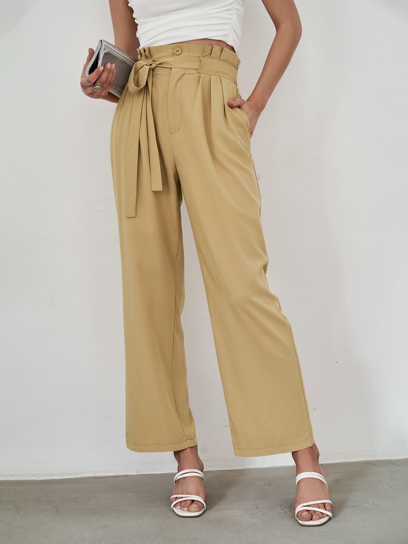 Striped Wide Leg Pants Casual Drawstring Paper Bag Waist - Temu