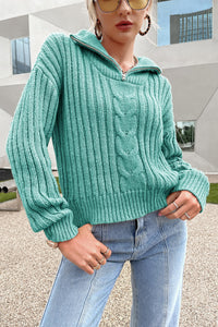 Mixed Knit Quarter Zip Dropped Shoulder Sweater