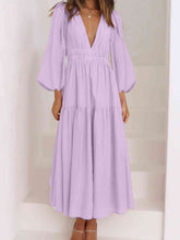 Load image into Gallery viewer, Deep V-Neck Balloon Sleeve Plain Maxi Dress
