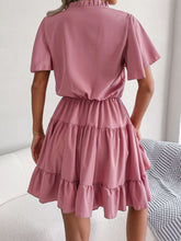 Load image into Gallery viewer, Tie Neck Tiered Flutter Sleeve Mini Dress