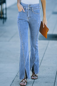 High Waist Seam Detail Slit Flare Jeans