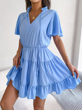 Load image into Gallery viewer, Tie Neck Tiered Flutter Sleeve Mini Dress