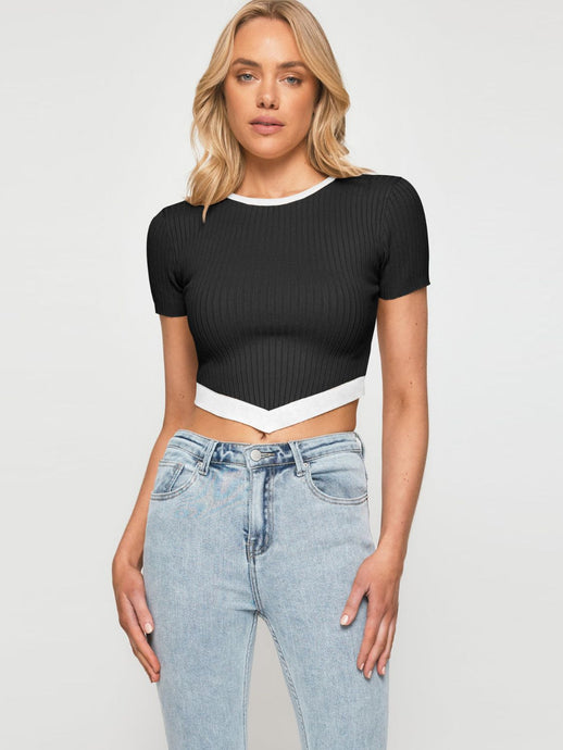 Contrast Trim Pointed Hem Ribbed Crop Top