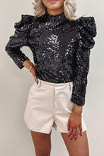Load image into Gallery viewer, Sequin Mock Neck Leg-Of-Mutton Sleeve Top