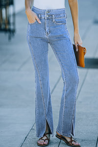 High Waist Seam Detail Slit Flare Jeans