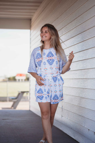 Aztec Print Leopard Tee & Drawstring Shorts Lounge Set