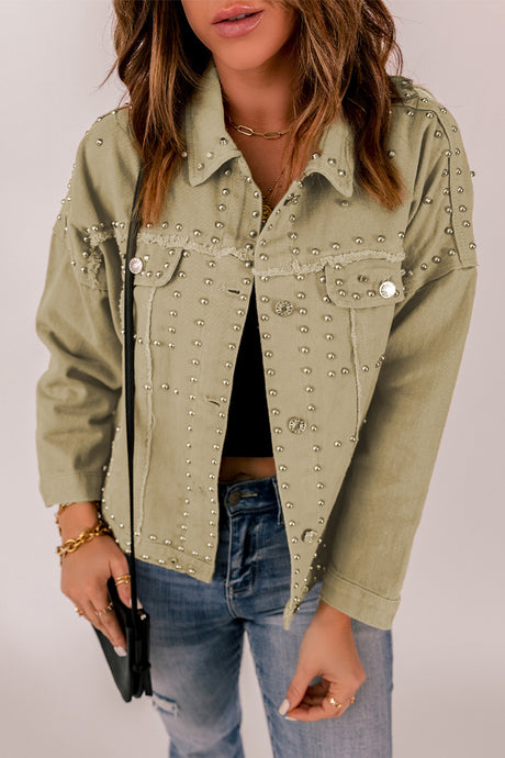 Frayed Trim Rivet Denim Jacket