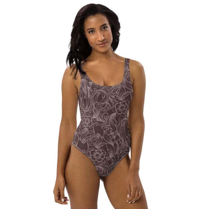 Brown Tooled One-Piece Swimsuit