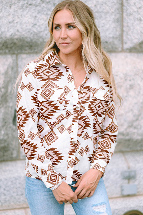 Pumpkin Crisp Aztec Collared Neck Long Sleeve Shirt