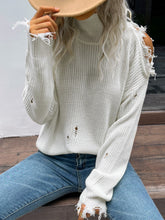 Load image into Gallery viewer, Distressed High Neck Cold-Shoulder Sweater