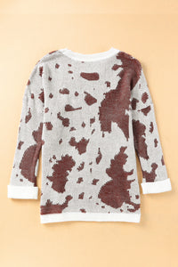 CowPrint Inspired Contrast Round Neck Drop Shoulder Sweater