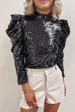 Load image into Gallery viewer, Sequin Mock Neck Leg-Of-Mutton Sleeve Top