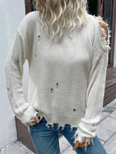 Load image into Gallery viewer, Distressed High Neck Cold-Shoulder Sweater