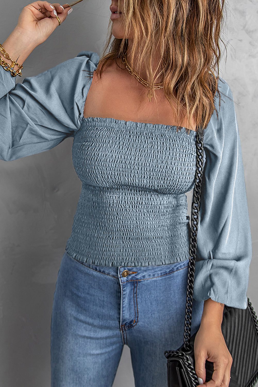 Smocked Square Neck Balloon Sleeve Top