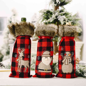 Christmas Graphic Plaid Wine Bottle Cover